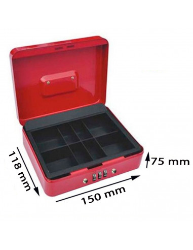 Caja de caudales metálica nº 6 con combinación de 3 dígitos, asa y bandeja con compartimentos para dinero, monedas y billetes, 7