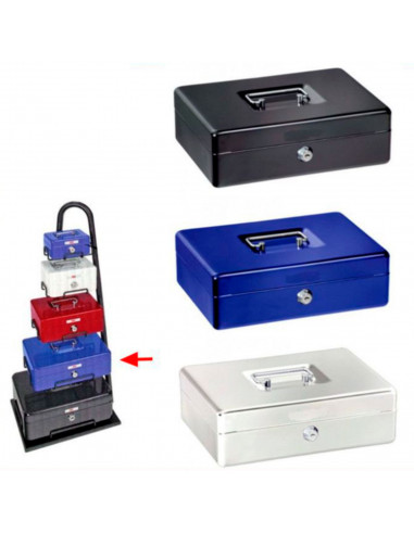 Caja de caudales metálica nº 4 con cerradura de llave, asa y bandeja con compartimentos para dinero, monedas y billetes, 9 x 25