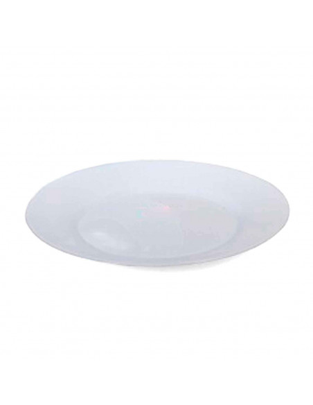 Plato redondo fabricado en vidrio opal, ideal para servir postres o aperitivos, apto para lavavajillas. 2 x 20 cm (alto x diámet