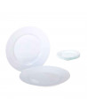 Plato redondo fabricado en vidrio opal, ideal para servir postres o aperitivos, apto para lavavajillas. 2 x 20 cm (alto x diámet