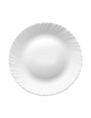 Plato hondo redondo fabricado en vidrio opal, ideal para servir postres, aperitivos o comidas, apto para lavavajillas. 3,5 x 22,