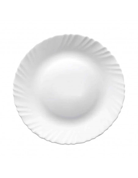 Plato hondo redondo fabricado en vidrio opal, ideal para servir postres, aperitivos o comidas, apto para lavavajillas. 3,5 x 22,