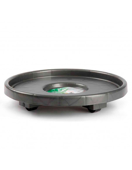Porta maceta con 4 ruedas, facil uso, plástico resistente, ideal para plantas o jardín. 33,5 cm de diámetro.