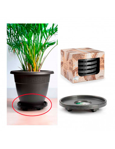 Porta maceta con 4 ruedas, facil uso, plástico resistente, ideal para plantas o jardín. 33,5 cm de diámetro.