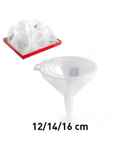 Set embudos de plástico resistente translúcido de distintos tamaños. Ideal para la cocina y diversos usos. 12 cm / 14 cm / 16 cm