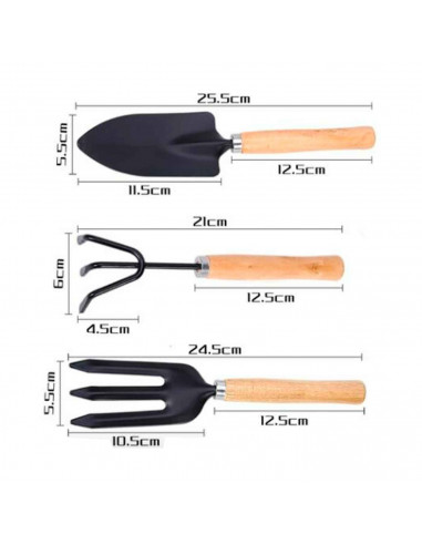 Mini set de herramientas para jardín. 3 Herramientas. Pala, Paleta y rastrillo. Longitud de 25,5 cm. Para el cuidado de jardín,