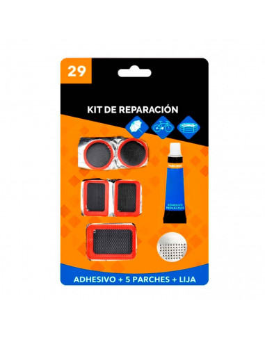 Tradineur - Kit de reparación de pinchazos, trae adhesivo 5 parches y lija, tanto para piscina, bicicletas entre otros.