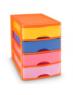 Tradineur - Cajonera sobremesa naranja 4 cajones multicolor 35 x 27 x 35,5 cm. Torre de almacenaje multiusos, organizador auxili