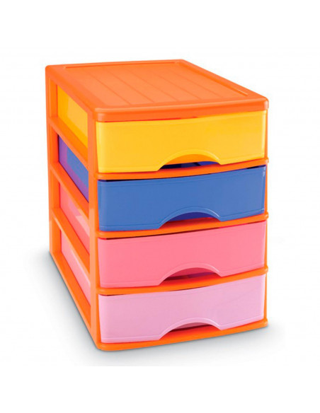 Tradineur - Cajonera sobremesa naranja 4 cajones multicolor 35 x 27 x 35,5 cm. Torre de almacenaje multiusos, organizador auxili