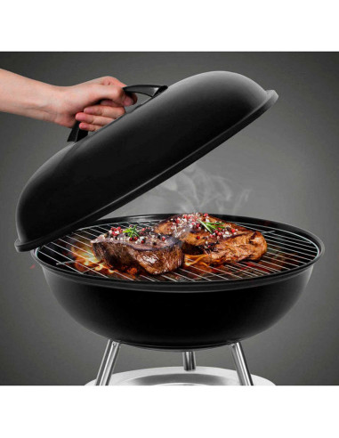 Barbacoa redonda para carbón de acero esmaltado con tapa, patas, bandeja de cenizas, regulador temperatura, portátil, acampada,