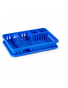 Tradineur - Escurreplatos blanco/azul plástico rectángular 45 x 29,7 x 8 cm