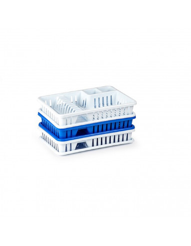Tradineur - Escurreplatos blanco/azul plástico rectángular 45 x 29,7 x 8 cm