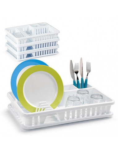 Tradineur - Escurreplatos blanco/azul plástico rectángular 45 x 29,7 x 8 cm