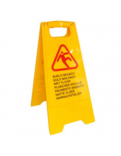 Señal de suelo mojado en varios idiomas, castellano, inglés, dos caras, alta visibilidad, cartel plegable señalización, adverten