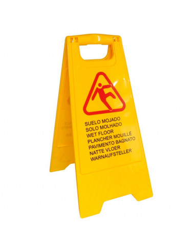 Señal de suelo mojado en varios idiomas, castellano, inglés, dos caras, alta visibilidad, cartel plegable señalización, adverten