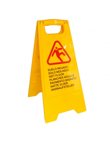 Señal de suelo mojado en varios idiomas, castellano, inglés, dos caras, alta visibilidad, cartel plegable señalización, adverten