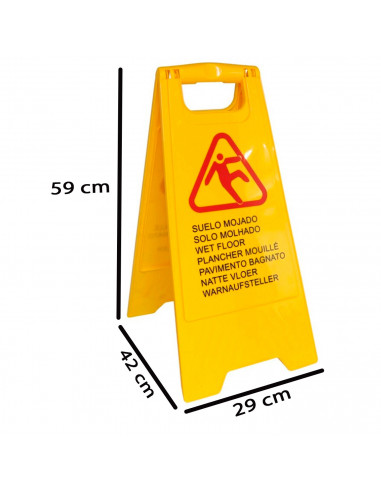 Señal de suelo mojado en varios idiomas, castellano, inglés, dos caras, alta visibilidad, cartel plegable señalización, adverten