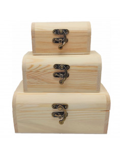 Set de 3 cajas de madera natural, forma de baúl, juego cajas decorativas sin tratar, cierre metálico, almacenaje objetos, joyas,