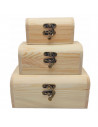 Set de 3 cajas de madera natural, forma de baúl, juego cajas decorativas sin tratar, cierre metálico, almacenaje objetos, joyas,