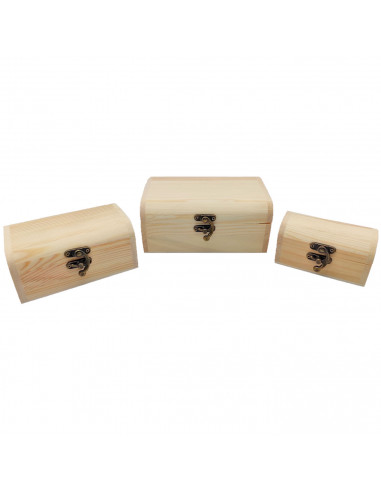 Set de 3 cajas de madera natural, forma de baúl, juego cajas decorativas sin tratar, cierre metálico, almacenaje objetos, joyas,