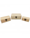 Set de 3 cajas de madera natural, forma de baúl, juego cajas decorativas sin tratar, cierre metálico, almacenaje objetos, joyas,