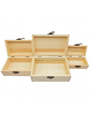Set de 3 cajas de madera natural, forma de baúl, juego cajas decorativas sin tratar, cierre metálico, almacenaje objetos, joyas,