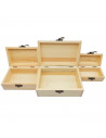 Set de 3 cajas de madera natural, forma de baúl, juego cajas decorativas sin tratar, cierre metálico, almacenaje objetos, joyas,