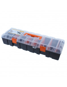 Caja de herramientas con separadores removibles, 7 compartimentos, asa y enganche para candado, modelo Baguette, plástico resist