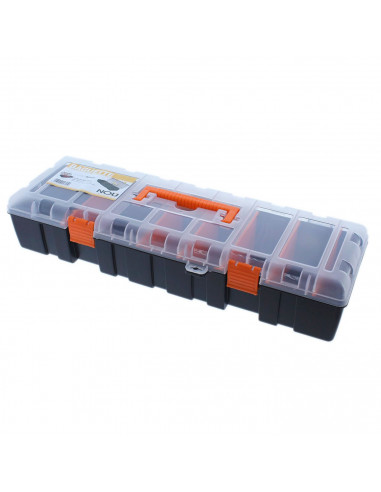 Caja de herramientas con separadores removibles, 7 compartimentos, asa y enganche para candado, modelo Baguette, plástico resist