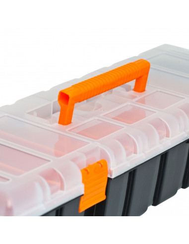 Caja de herramientas con separadores removibles, 7 compartimentos, asa y enganche para candado, modelo Baguette, plástico resist