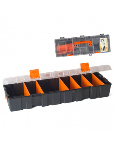 Caja de herramientas con separadores removibles, 7 compartimentos, asa y enganche para candado, modelo Baguette, plástico resist