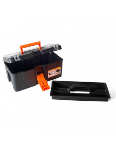 Caja herramientas con bandeja extraíble, compartimentos en la tapa, asa y enganche para candado, modelo Lux, plástico resistente