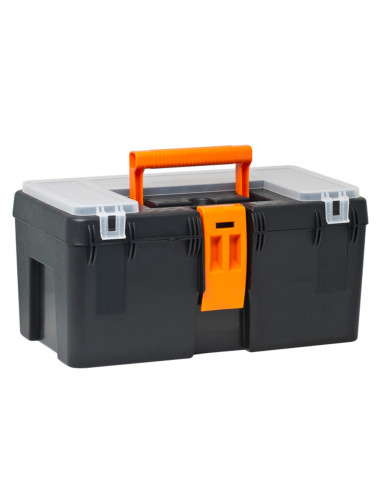 Caja herramientas con bandeja extraíble, compartimentos en la tapa, asa y enganche para candado, modelo Lux, plástico resistente