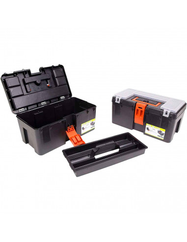 Caja herramientas con bandeja extraíble, compartimentos en la tapa, asa y enganche para candado, modelo Lux, plástico resistente