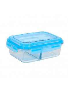 Fiambrera rectangular de vidrio con cuchillo y tenedor, tapa de plástico hermética. Recipiente para alimentos apto para lavavaji