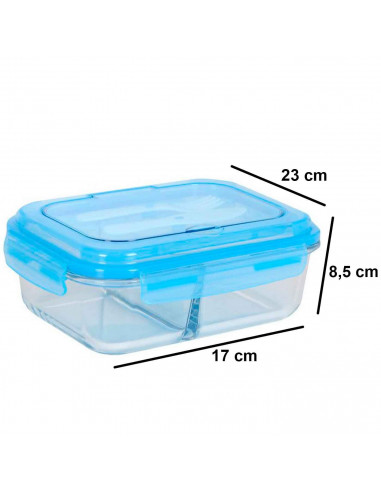 Fiambrera rectangular de vidrio con cuchillo y tenedor, tapa de plástico hermética. Recipiente para alimentos apto para lavavaji