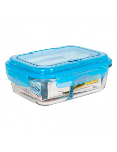 Fiambrera rectangular de vidrio con cuchillo y tenedor, tapa de plástico hermética. Recipiente para alimentos apto para lavavaji