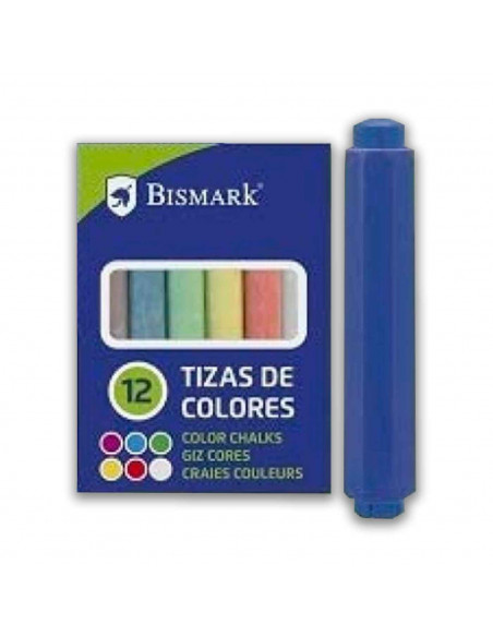 Set de 12 tizas de colores con un portatizas, 6 colores diferentes, portatizas de plástico resistente. Escuela, institutos, ense