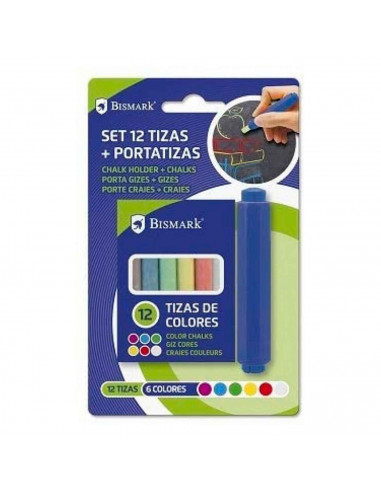 Set de 12 tizas de colores con un portatizas, 6 colores diferentes, portatizas de plástico resistente. Escuela, institutos, ense