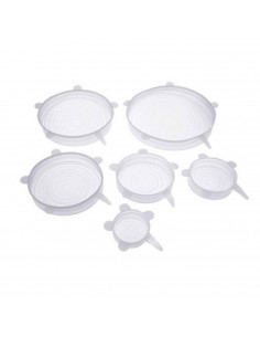 Set de 6 tapas adaptables, fabricado en silicona, versátil y estirable, con distintos tamaños para cualquier frasco o envase.