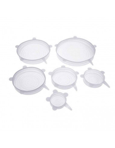 Set de 6 tapas adaptables, fabricado en silicona, versátil y estirable, con distintos tamaños para cualquier frasco o envase.