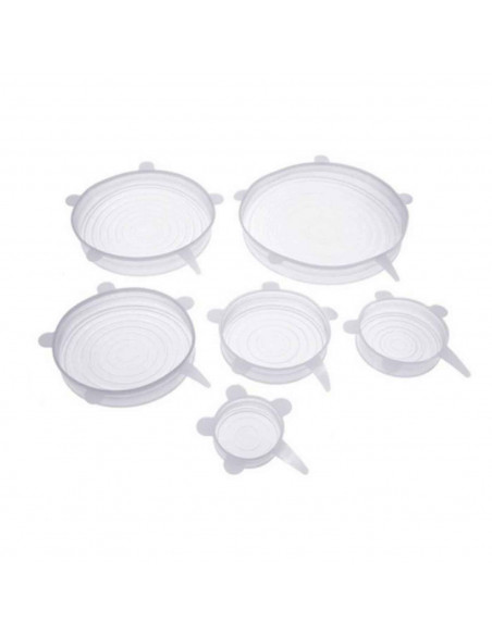 Set de 6 tapas adaptables, fabricado en silicona, versátil y estirable, con distintos tamaños para cualquier frasco o envase.
