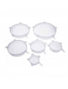 Set de 6 tapas adaptables, fabricado en silicona, versátil y estirable, con distintos tamaños para cualquier frasco o envase.