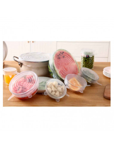 Set de 6 tapas adaptables, fabricado en silicona, versátil y estirable, con distintos tamaños para cualquier frasco o envase.
