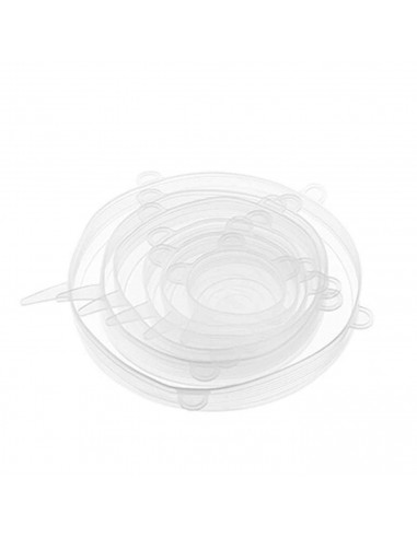 Set de 6 tapas adaptables, fabricado en silicona, versátil y estirable, con distintos tamaños para cualquier frasco o envase.