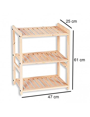 Estantería de madera, 3 niveles, soporte de 3 estantes, ordenación, con instrucciones, fácil montaje, 61 x 47 x 25 cm