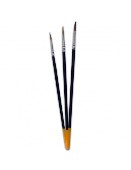 Set de 3 pinceles para los artistas, fabricado en plástico, punta de pelo natural, ideal para trazos o contornos.
