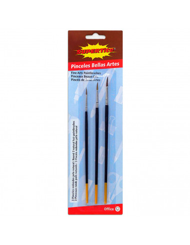 Set de 3 pinceles para los artistas, fabricado en plástico, punta de pelo natural, ideal para trazos o contornos.