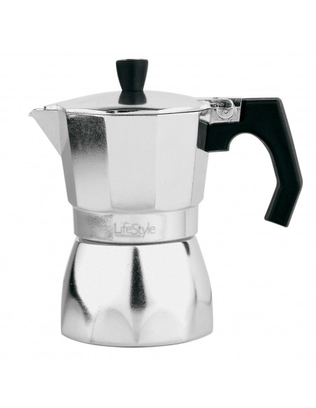 Cafetera de aluminio italiana de 16 cm de alto y 10 cm de diámetro y con capacidad para 6 tazas. Recipiente para hacer cafe con