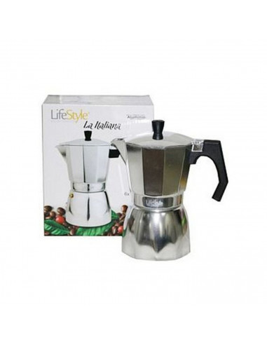 Cafetera de aluminio italiana de 16 cm de alto y 10 cm de diámetro y con capacidad para 6 tazas. Recipiente para hacer cafe con